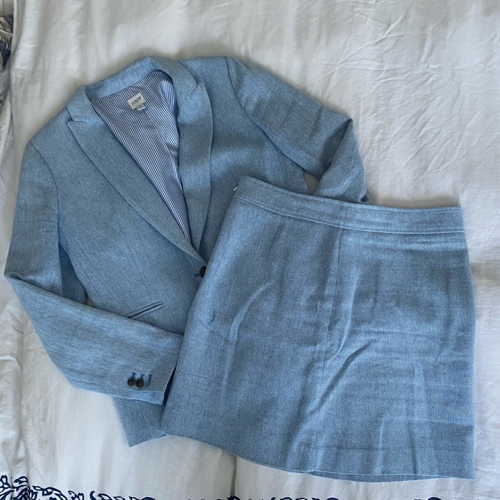 J Crew Linen Cotton Blend Herringbone Blue Blazer and Skirt Suit Set size 12